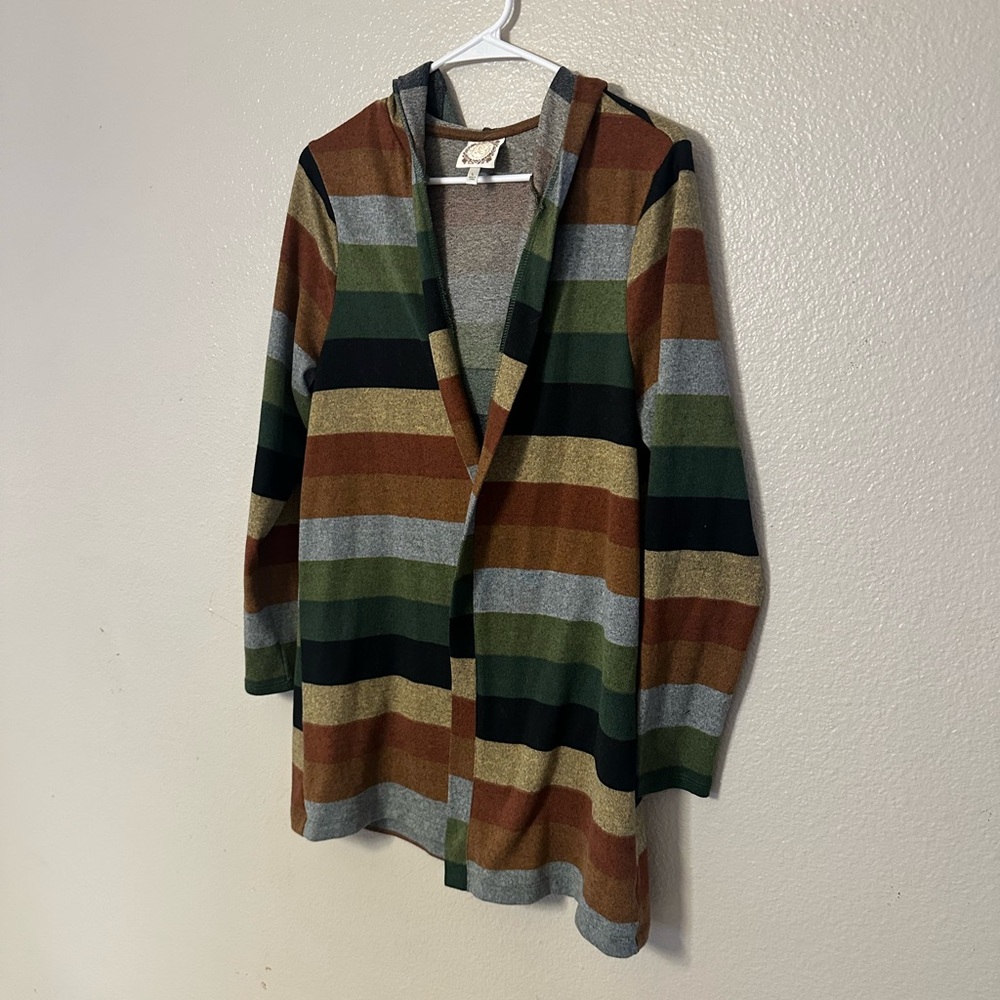 TruSelf Striped Hooded Open-Front Cardigan
B3